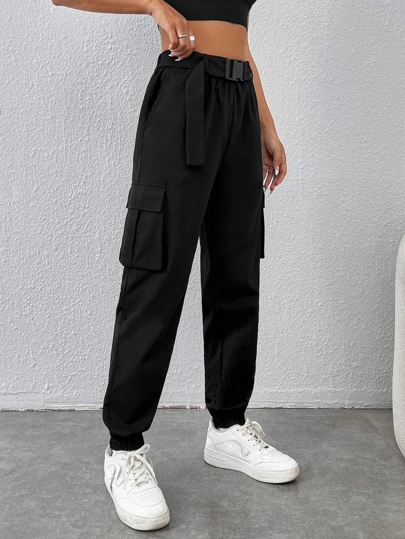 Flap Pocket Side Buckled Belted Cargo Pants
