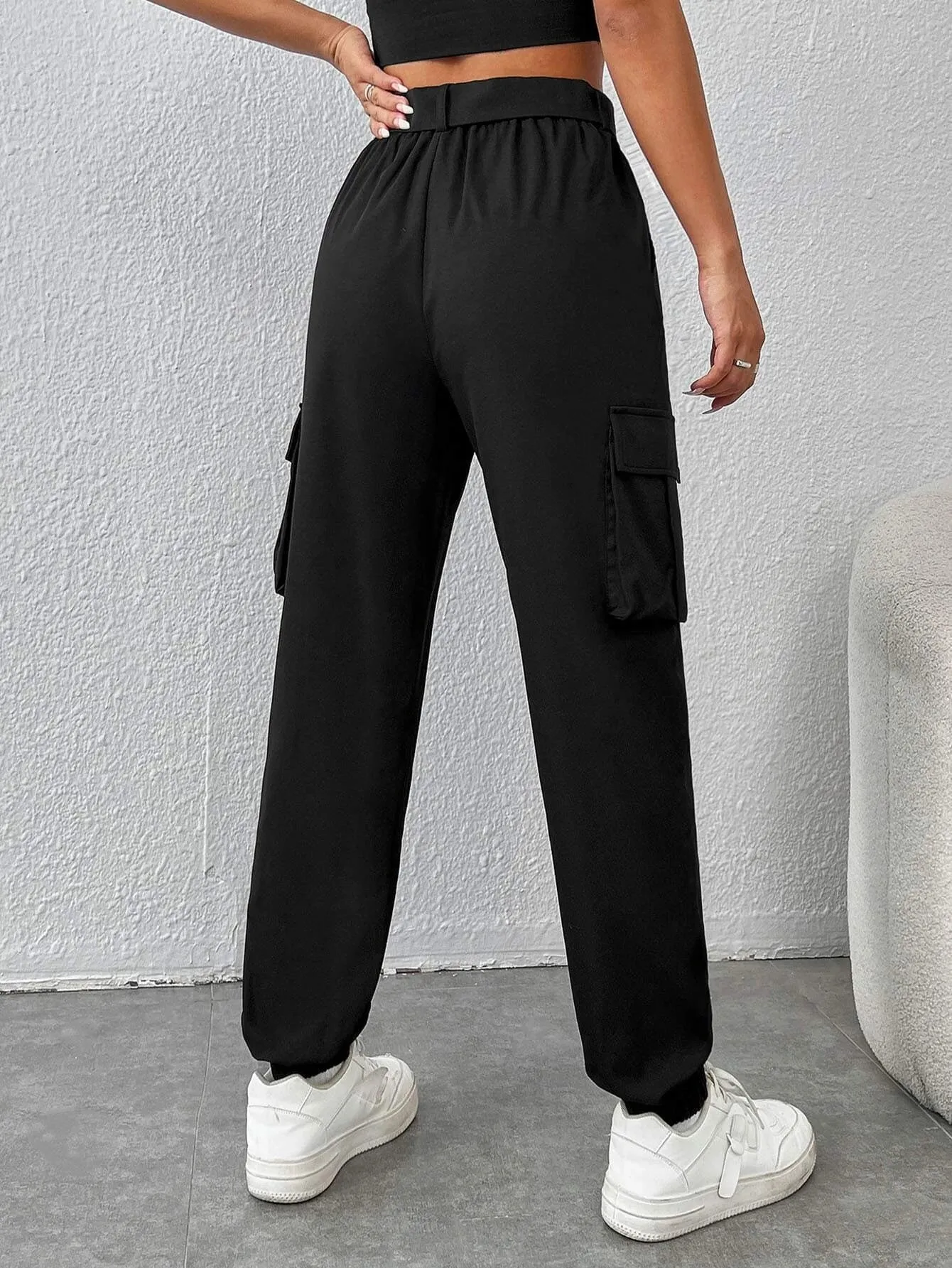 Flap Pocket Side Buckled Belted Cargo Pants