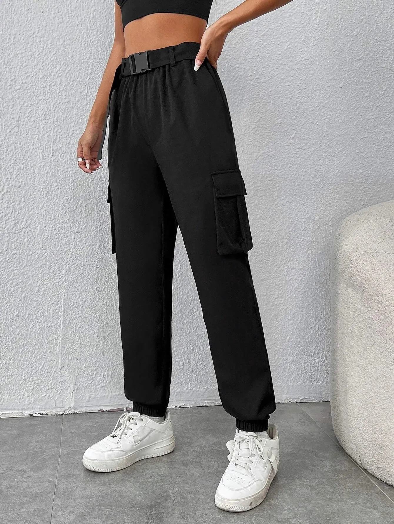 Flap Pocket Side Buckled Belted Cargo Pants