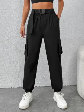 Flap Pocket Side Buckled Belted Cargo Pants