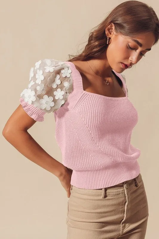 Floral Lace Puff Sleeve Knit Top
