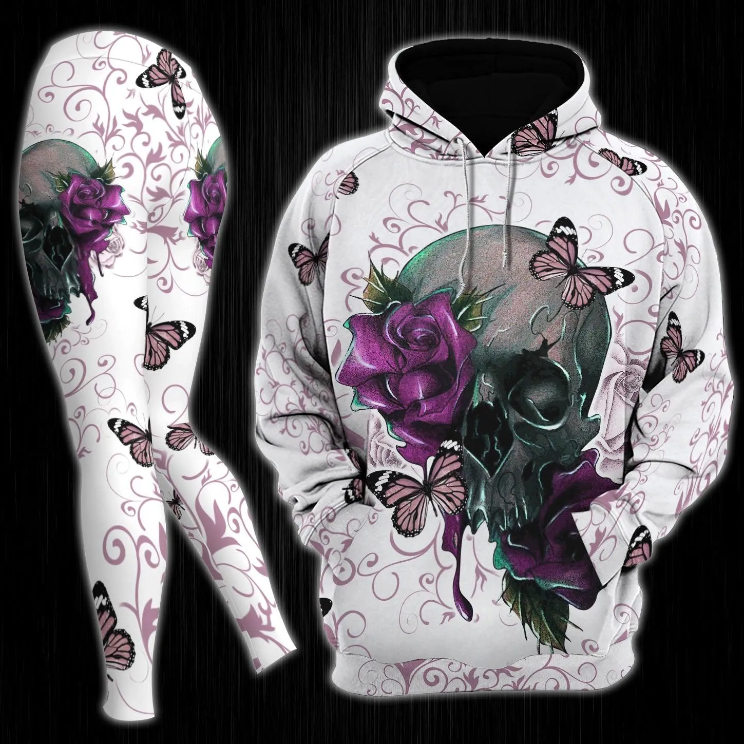 Flower Purple Butterfly Skull Gothic Artwork Combo Hoodie and Leggings
