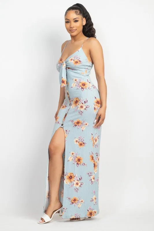 Front Tie Buttoned Floral Maxi Dress