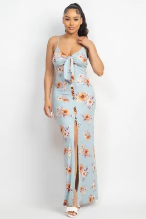 Front Tie Buttoned Floral Maxi Dress