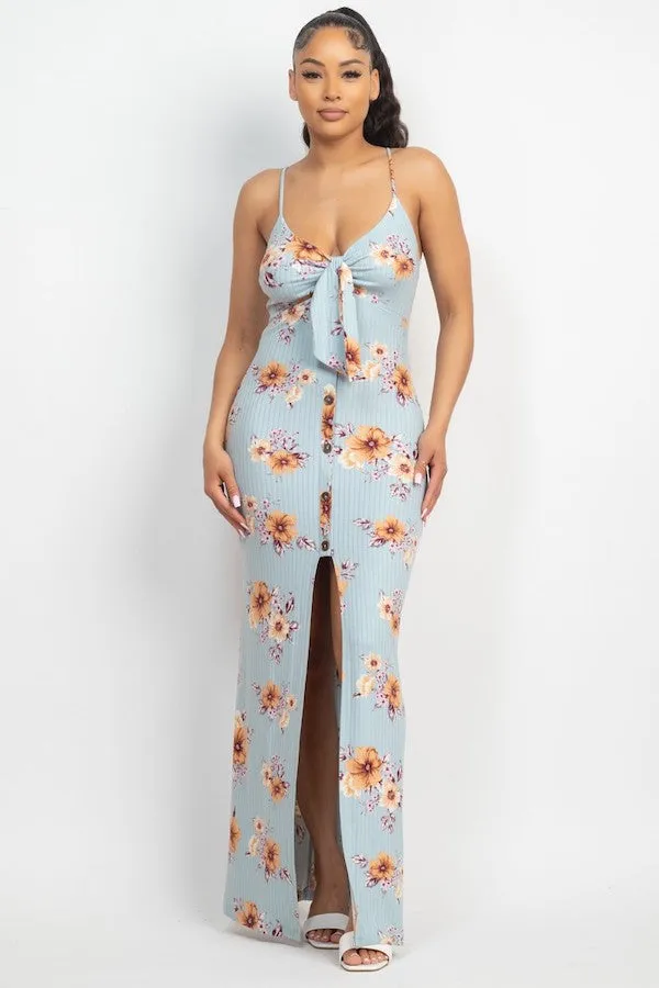 Front Tie Buttoned Floral Maxi Dress
