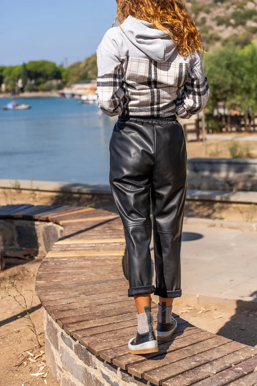 GNS Women's Black Elastic Waist Leather Pants with Comfortable Fit and Lined with Satin 1St18 - Dos Hermanas
