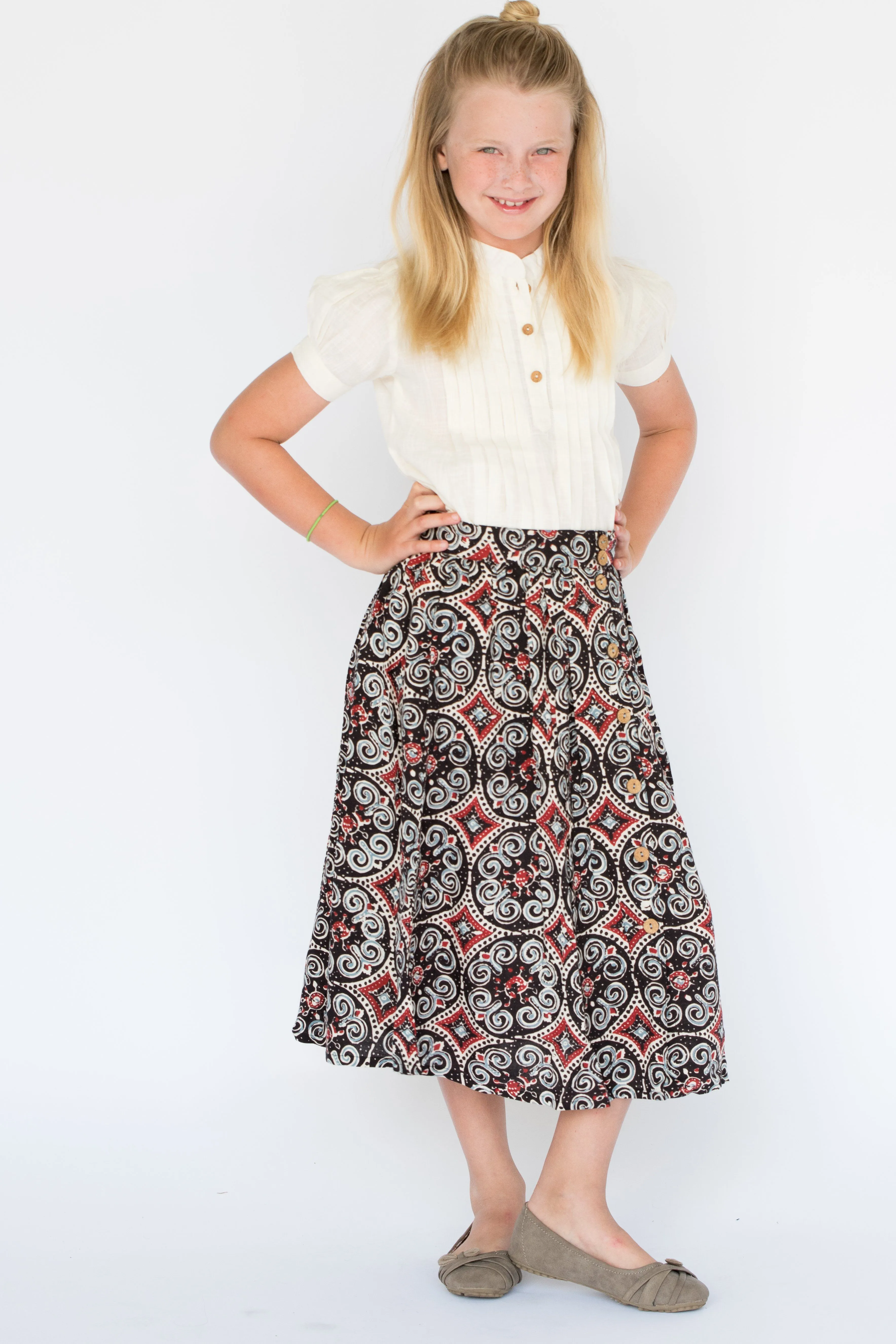 Grey-Roman Skirt & Pleated White Top Set