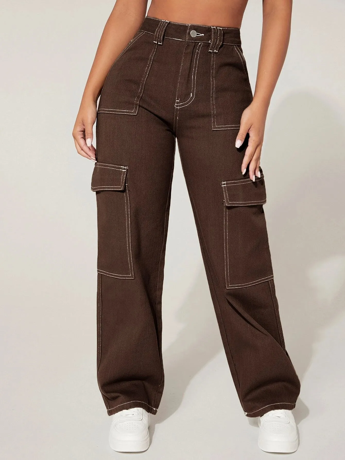 High Waist Cargo Jeans Straight Denim