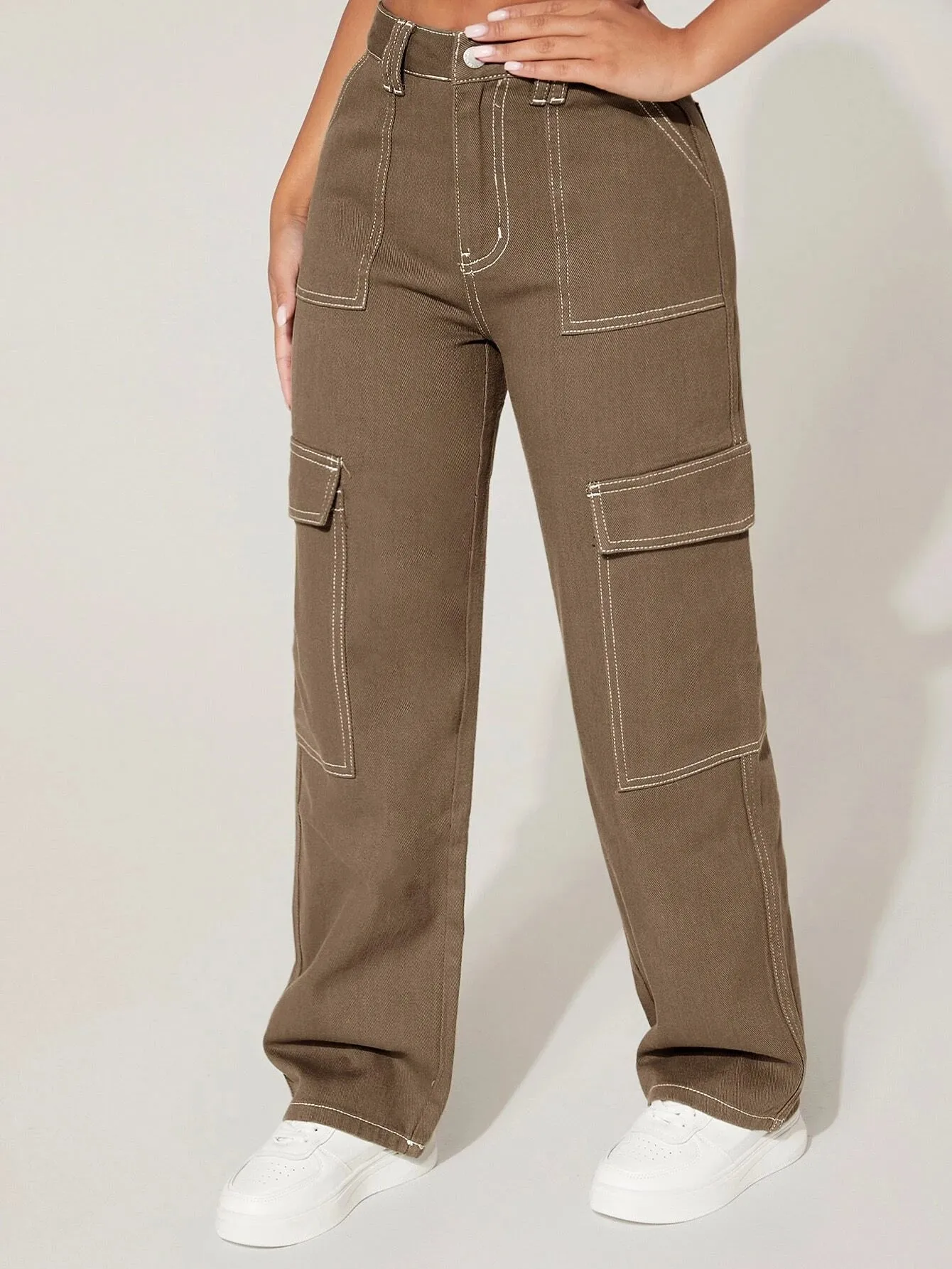 High Waist Cargo Jeans Straight Denim