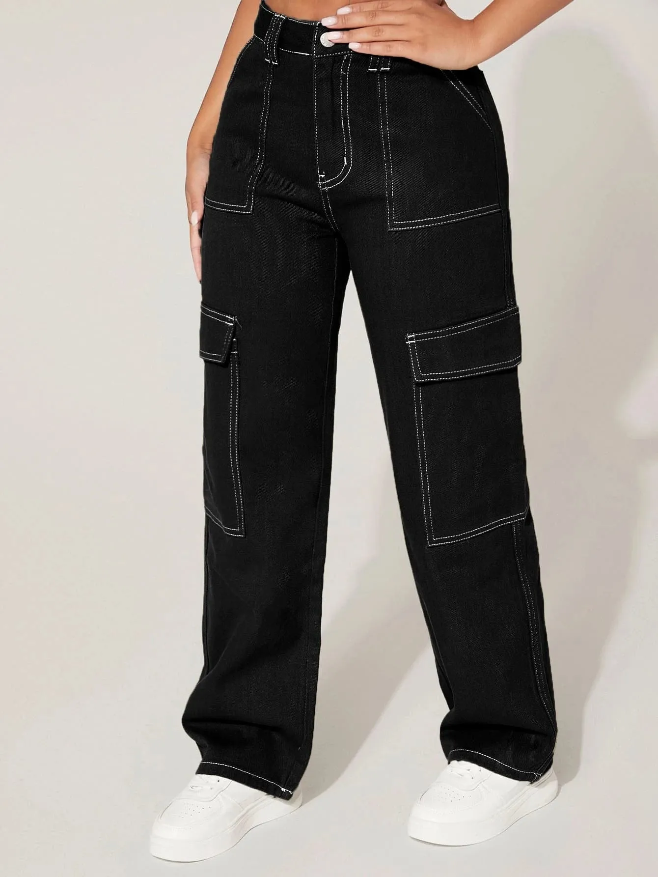 High Waist Cargo Jeans Straight Denim