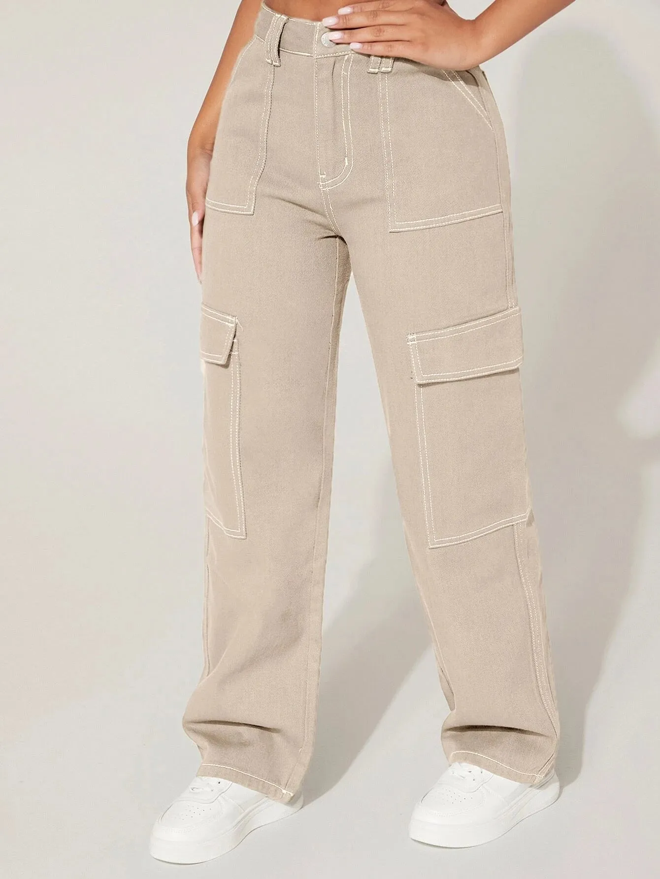 High Waist Cargo Jeans Straight Denim
