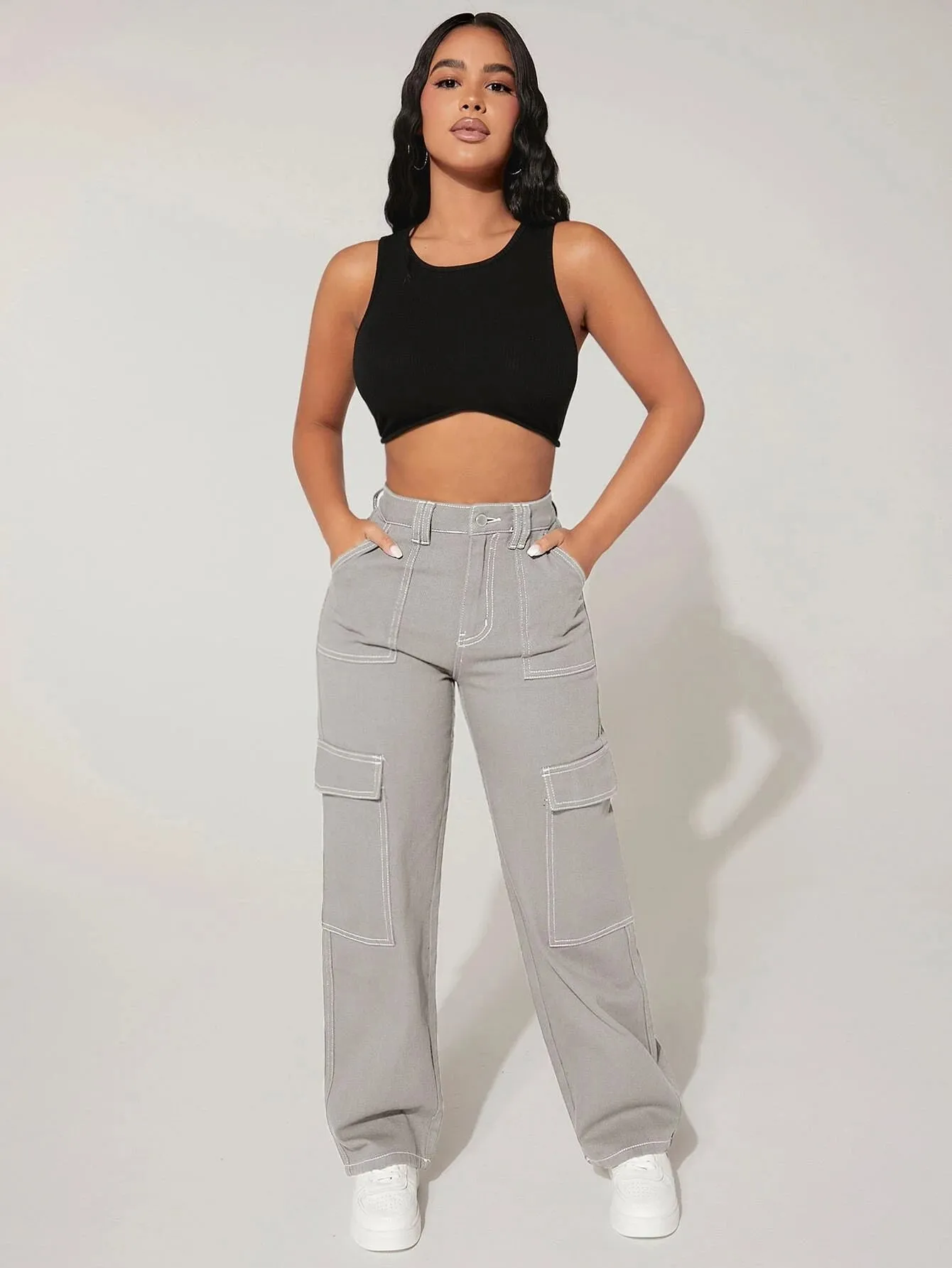 High Waist Cargo Jeans Straight Denim
