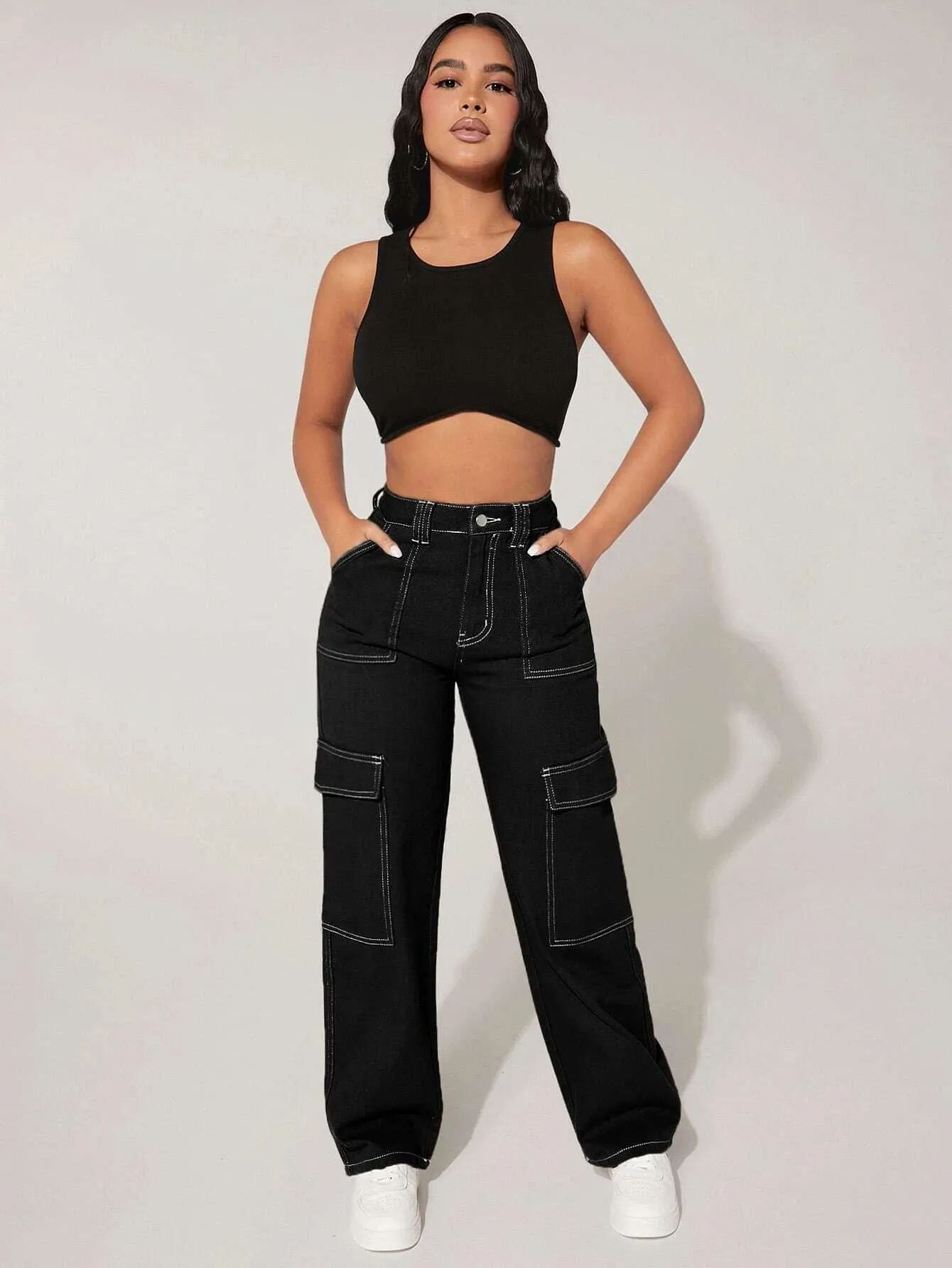 High Waist Cargo Jeans Straight Denim