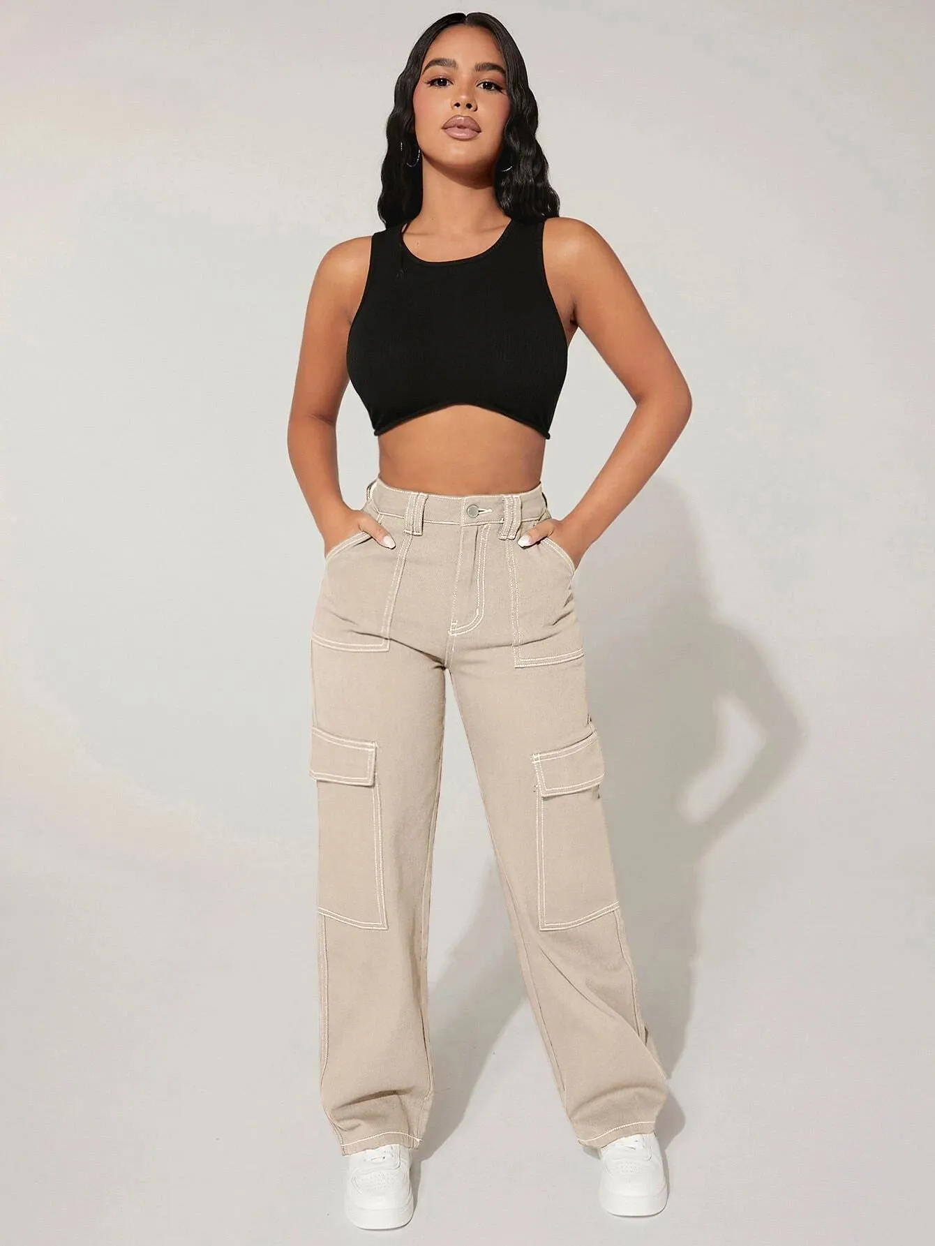 High Waist Cargo Jeans Straight Denim