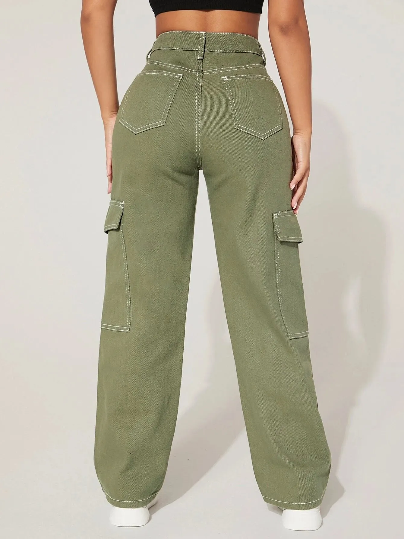 High Waist Cargo Jeans Straight Denim