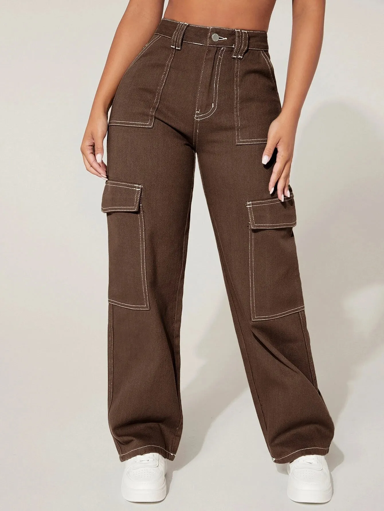 High Waist Cargo Jeans Straight Denim