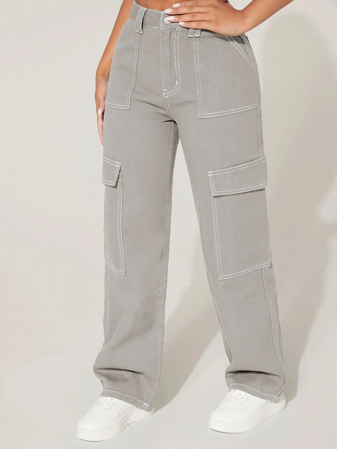 High Waist Cargo Jeans Straight Denim