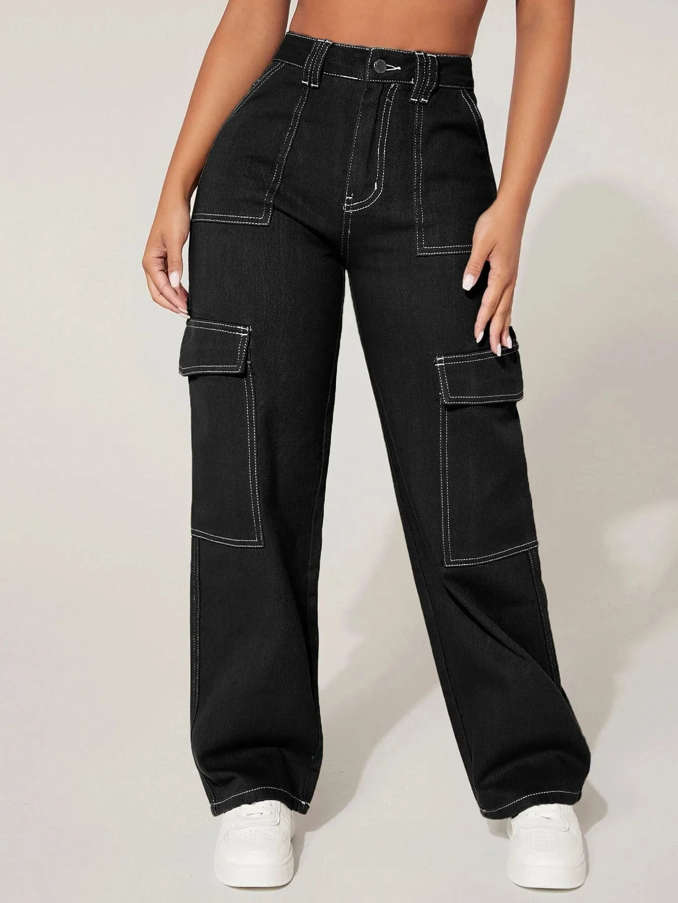 High Waist Cargo Jeans Straight Denim