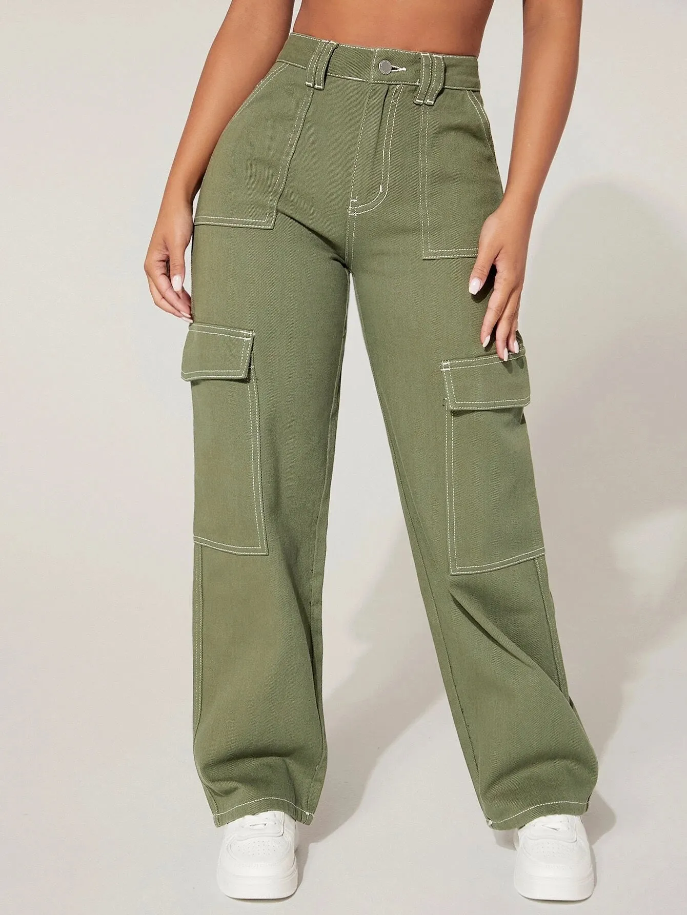 High Waist Cargo Jeans Straight Denim