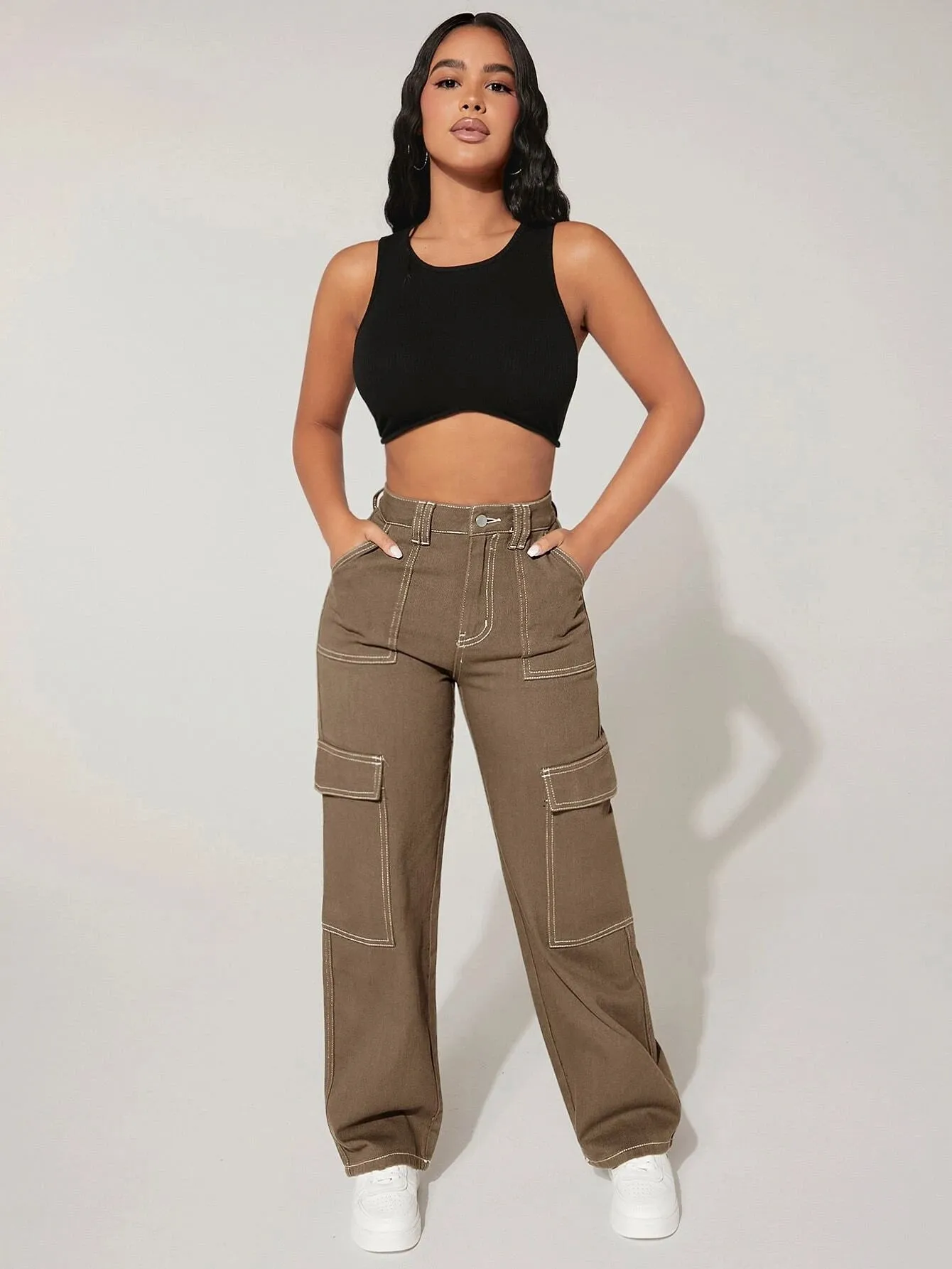 High Waist Cargo Jeans Straight Denim