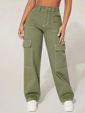 High Waist Cargo Jeans Straight Denim