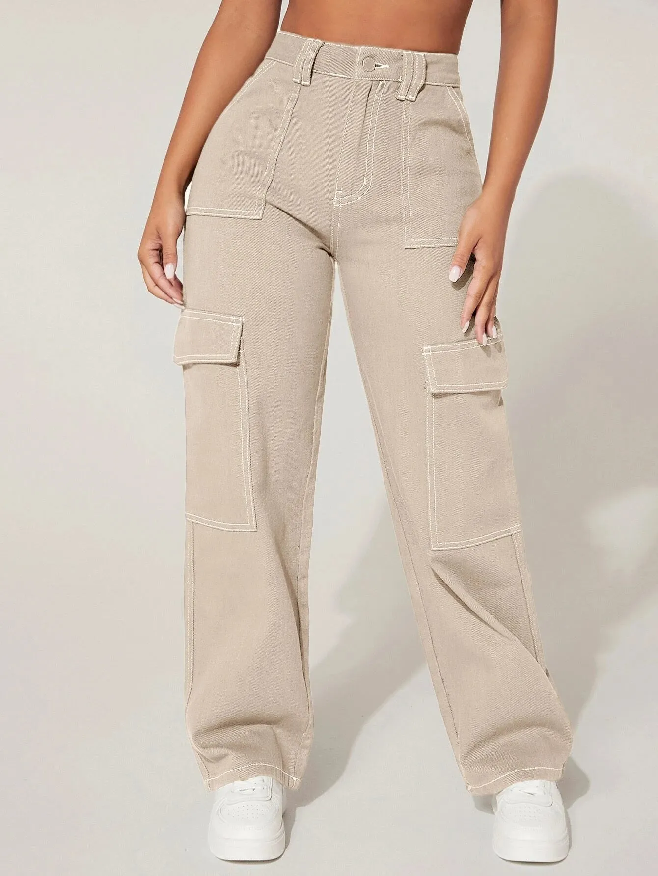 High Waist Cargo Jeans Straight Denim