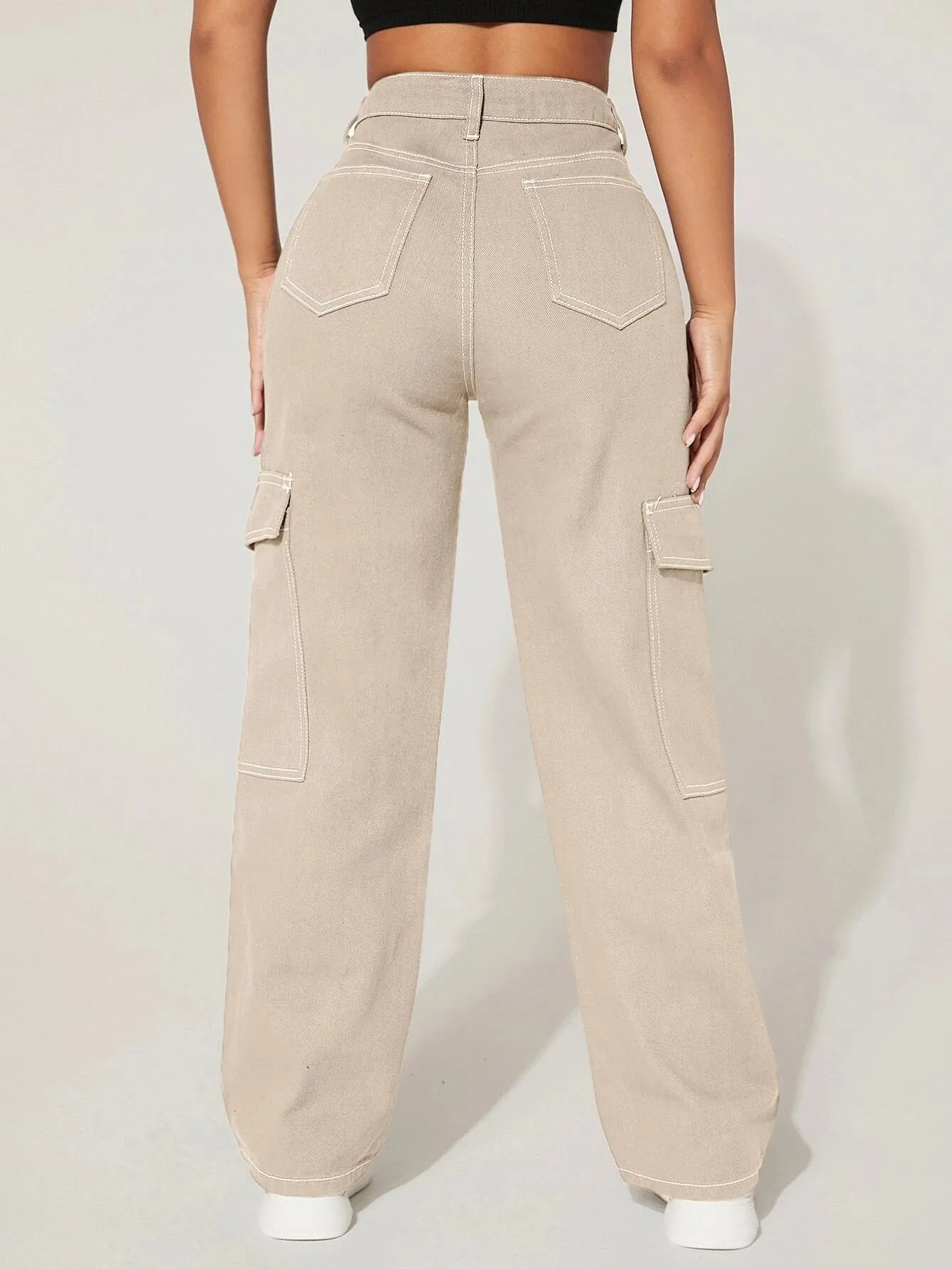 High Waist Cargo Jeans Straight Denim