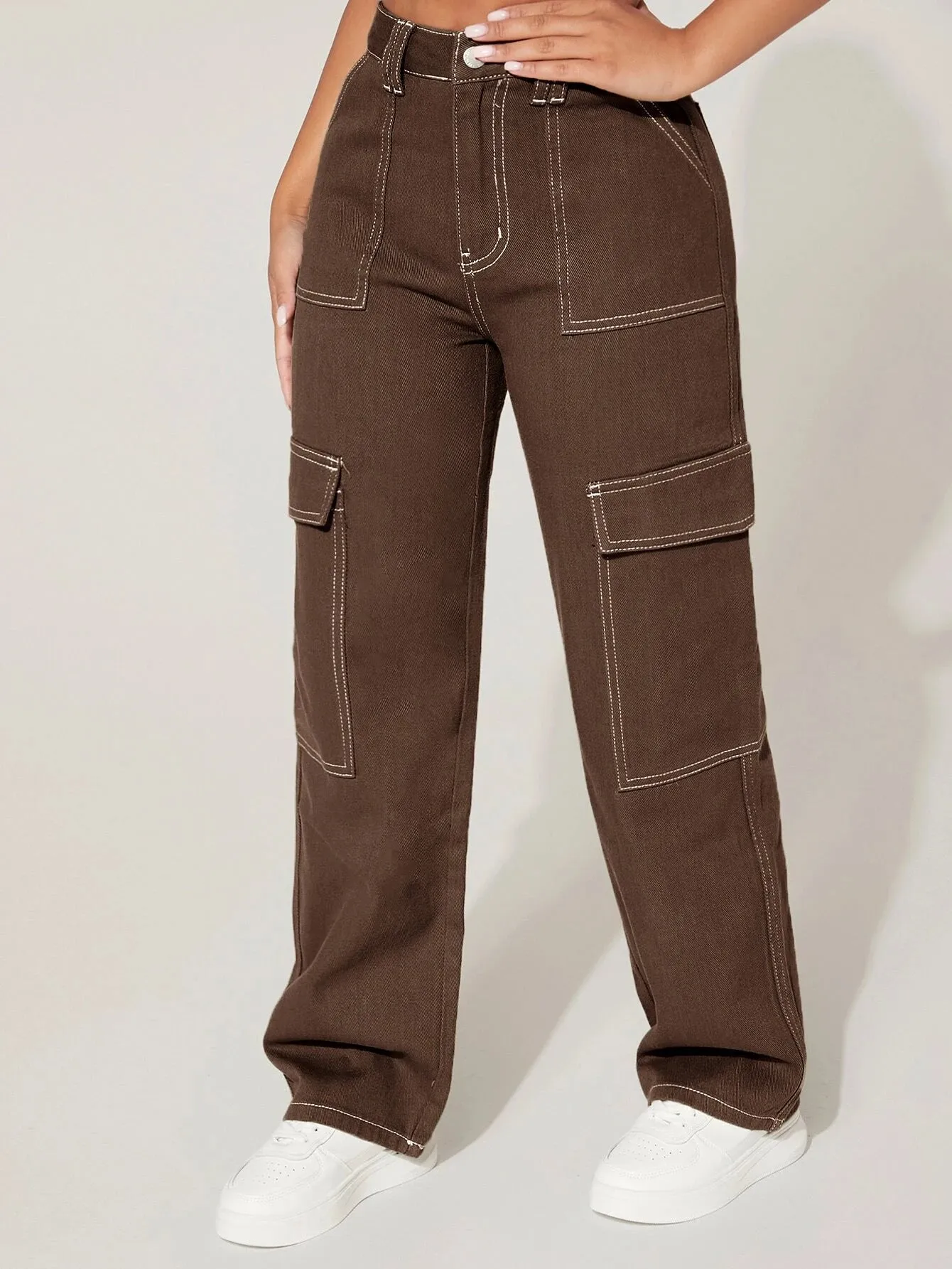 High Waist Cargo Jeans Straight Denim