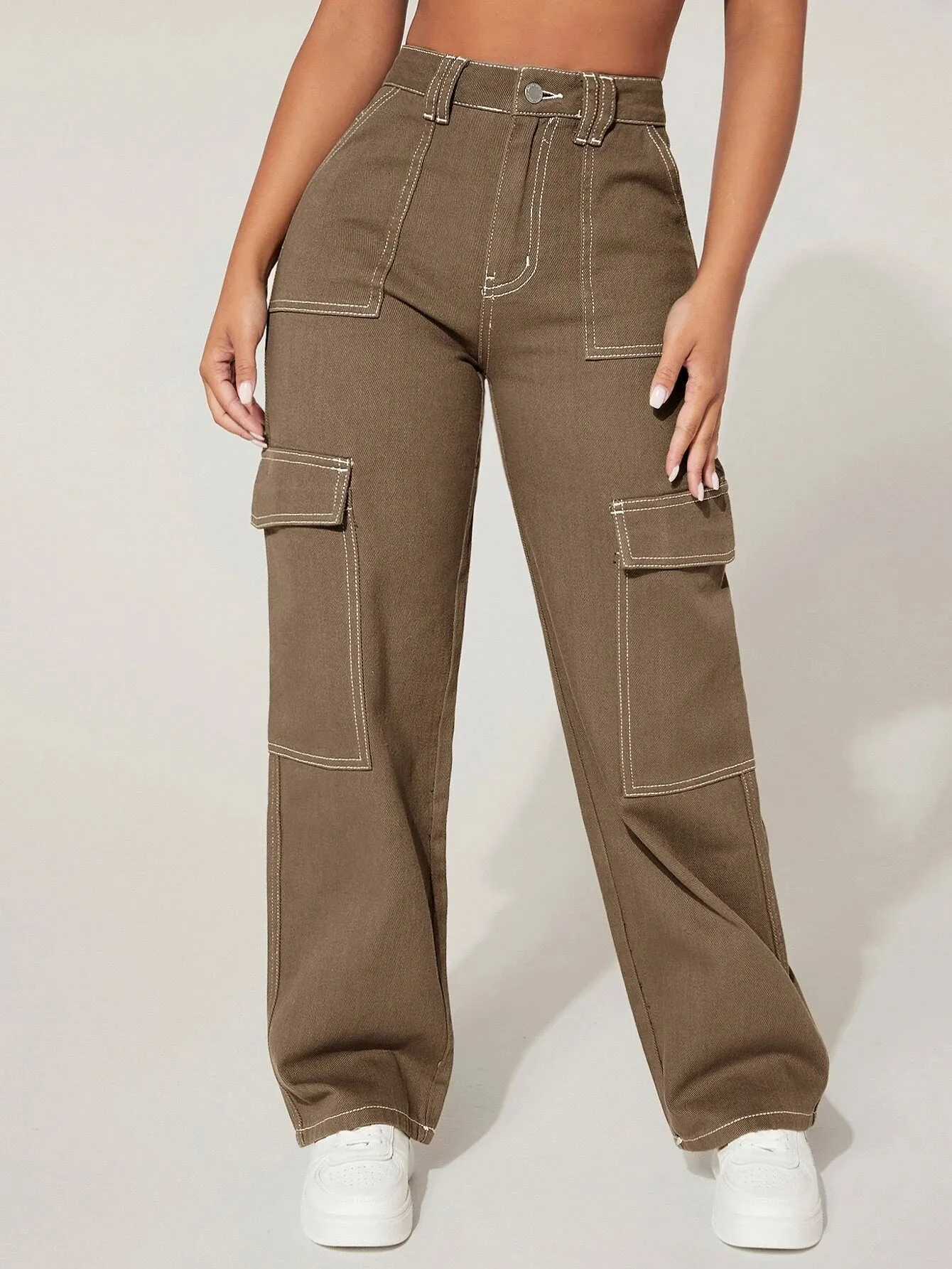 High Waist Cargo Jeans Straight Denim