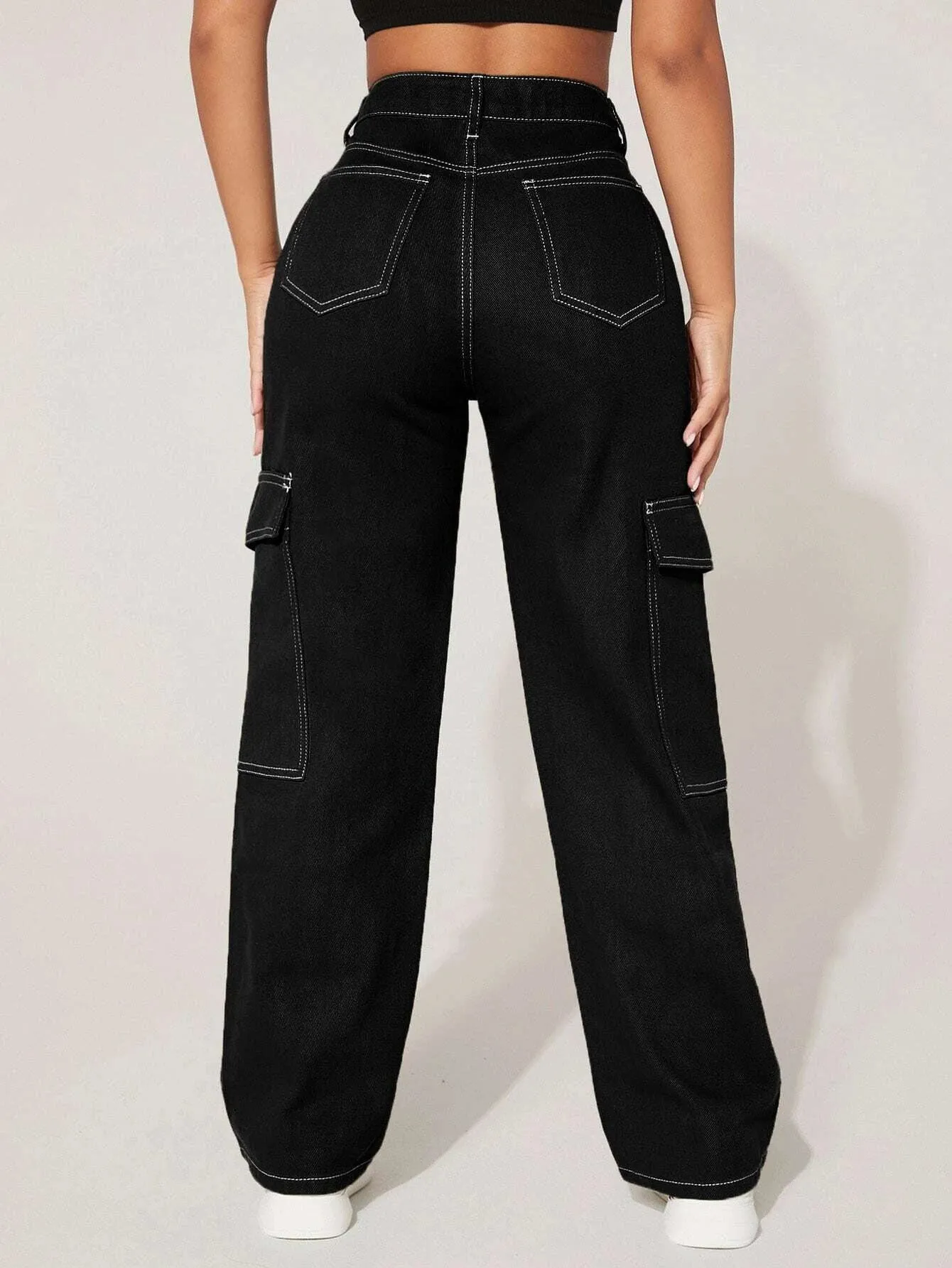 High Waist Cargo Jeans Straight Denim