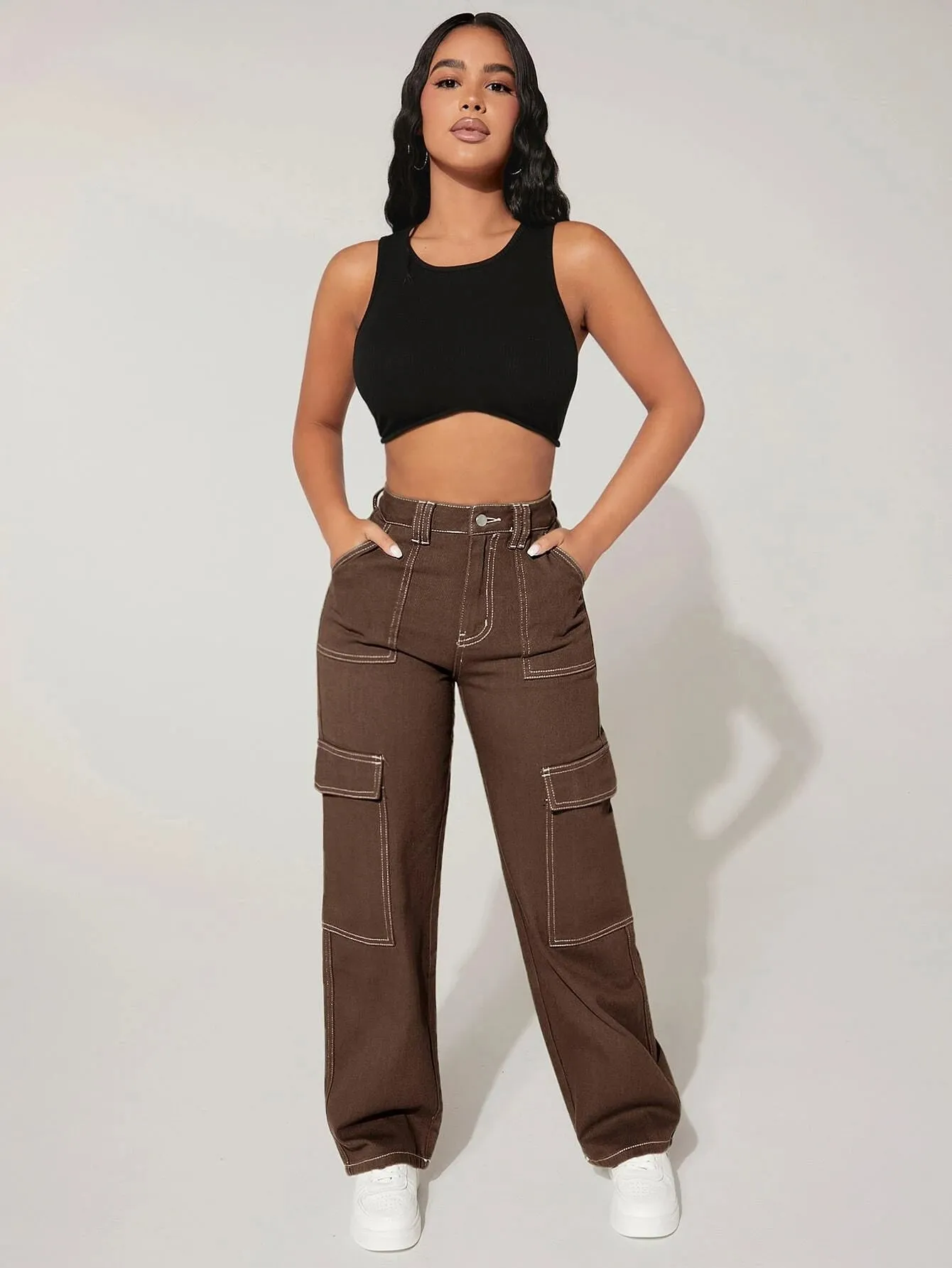 High Waist Cargo Jeans Straight Denim