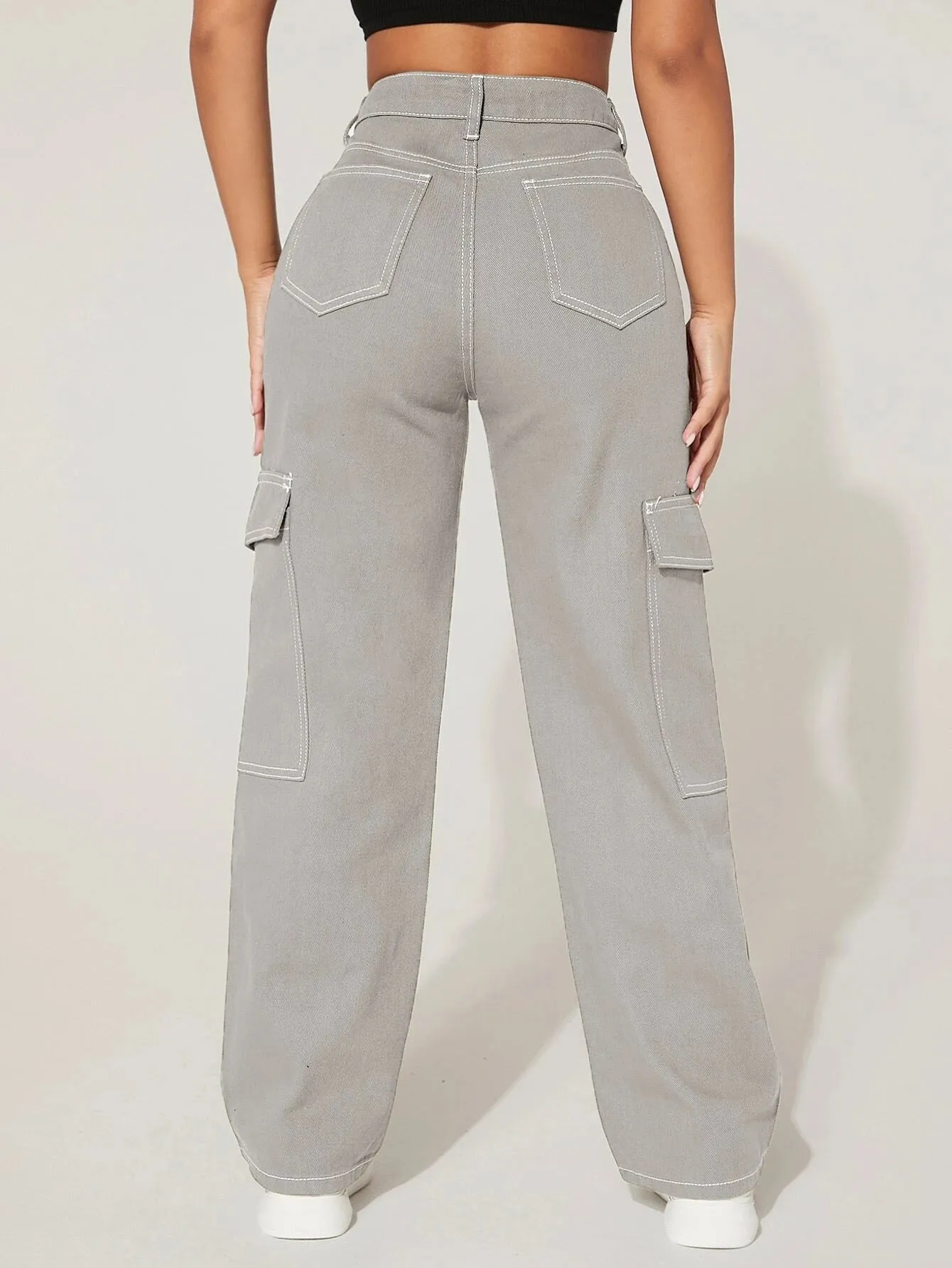 High Waist Cargo Jeans Straight Denim
