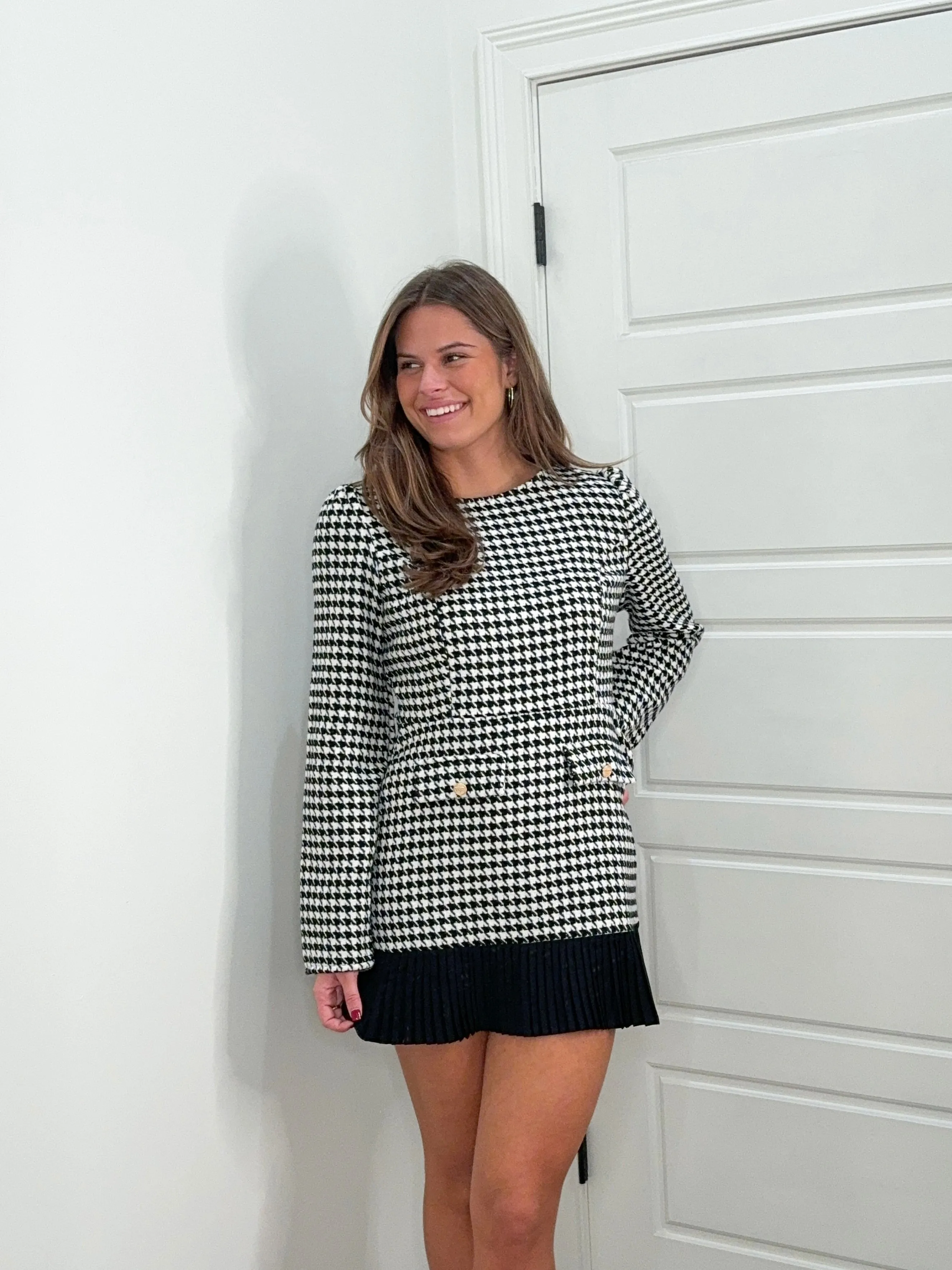 Holiday Houndstooth Long Sleeve Pleated Dress