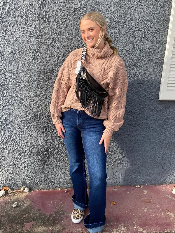 Khaki Solid Turtleneck Knit Pullover