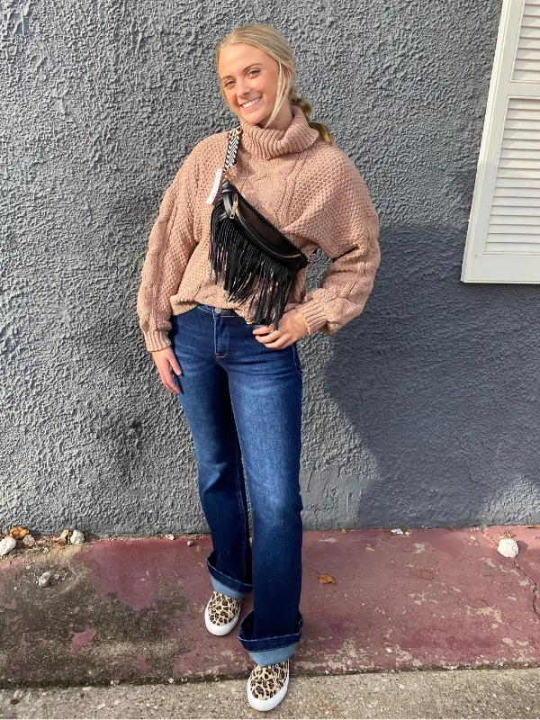 Khaki Solid Turtleneck Knit Pullover