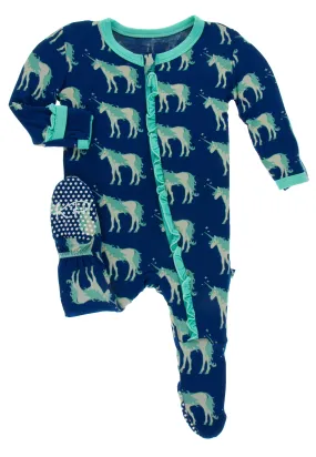 KicKee Pants Flag Blue Unicorns Classic Ruffle Footie with Zipper