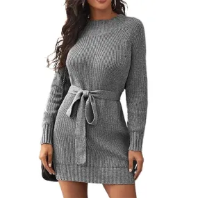 Knitted O-Neck A-line Mini Sweater Dress - Thicken and Sexy for Autumn and Winter