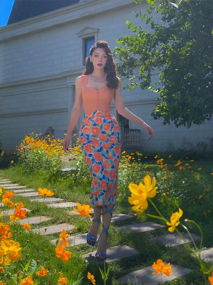 Le Palais Vintage Elegant Orange Flower Design High Waist Slim Fit Pencil Skirt-Sara