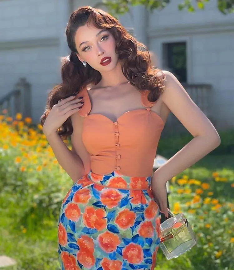 Le Palais Vintage Elegant Orange Flower Design High Waist Slim Fit Pencil Skirt-Sara