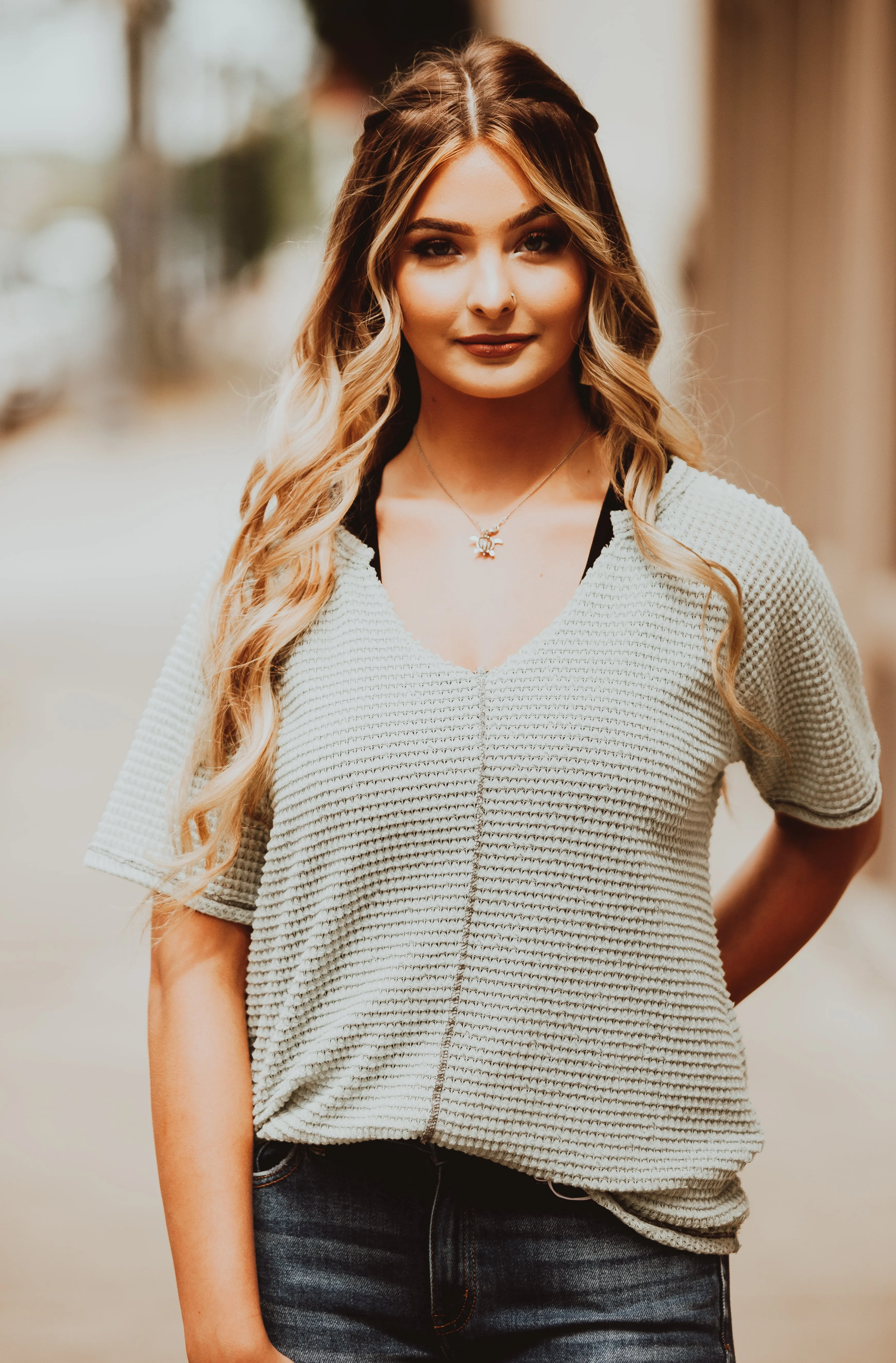 Light Sage V-Neck Top