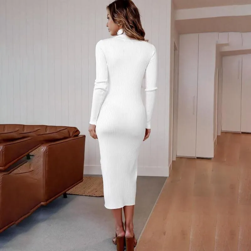Long Sleeve Bodycon Turtleneck Sweater Midi Dress