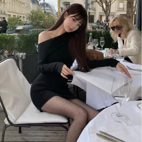 Long-Sleeve Off Shoulder Plain Knit Mini Bodycon Dress