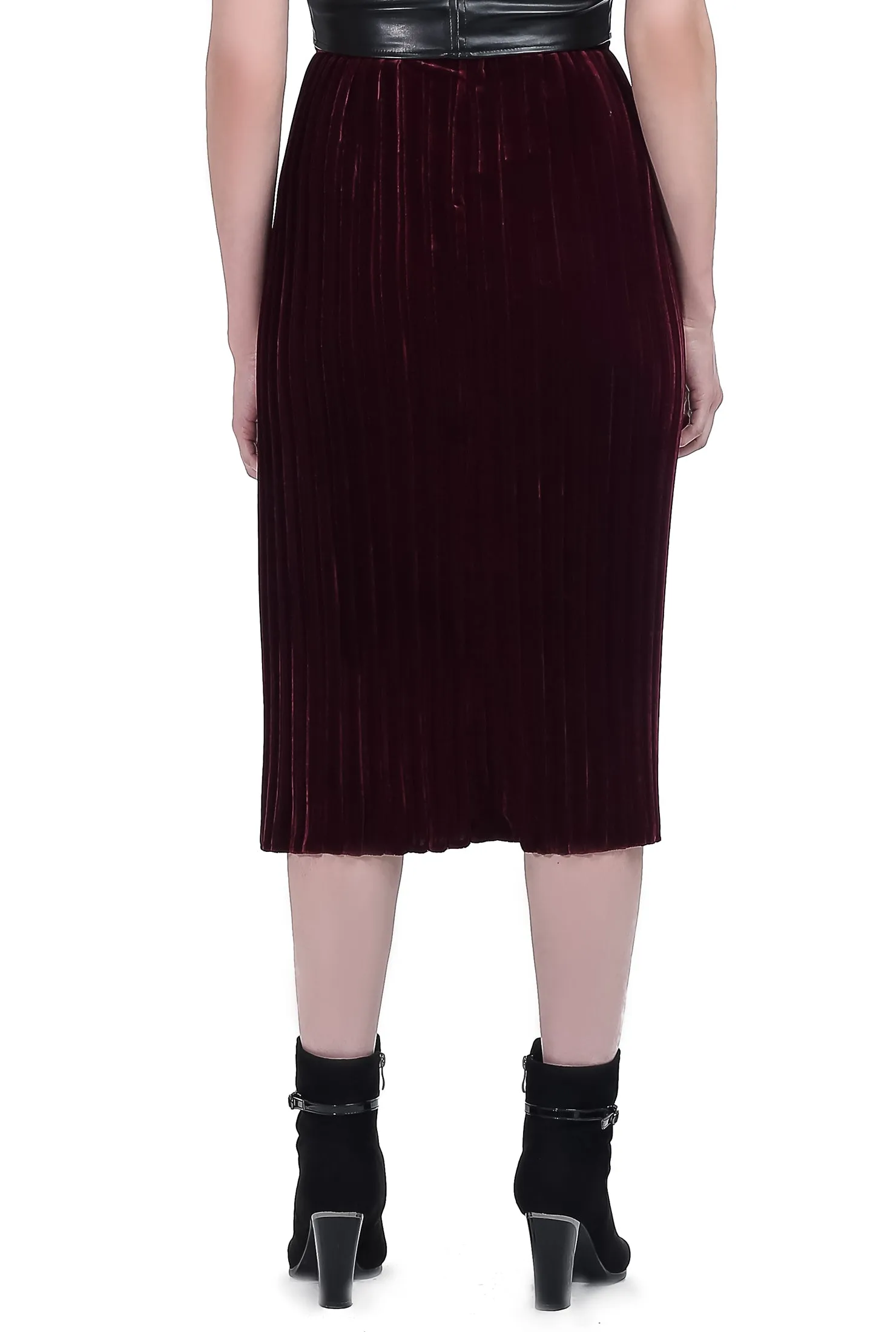 Mid Calf Velvet Pleated Skirt - Maroon