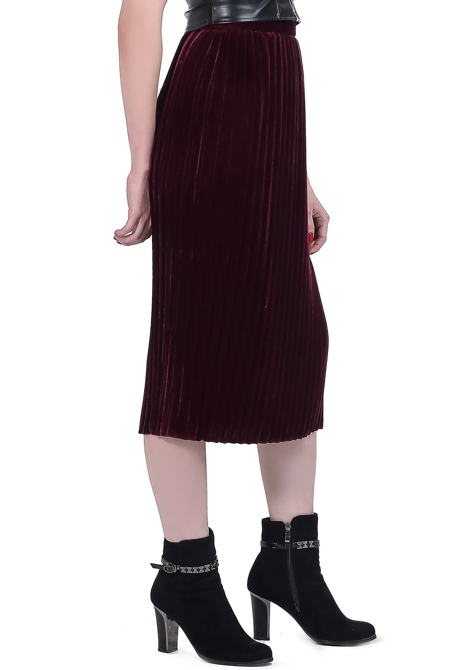 Mid Calf Velvet Pleated Skirt - Maroon