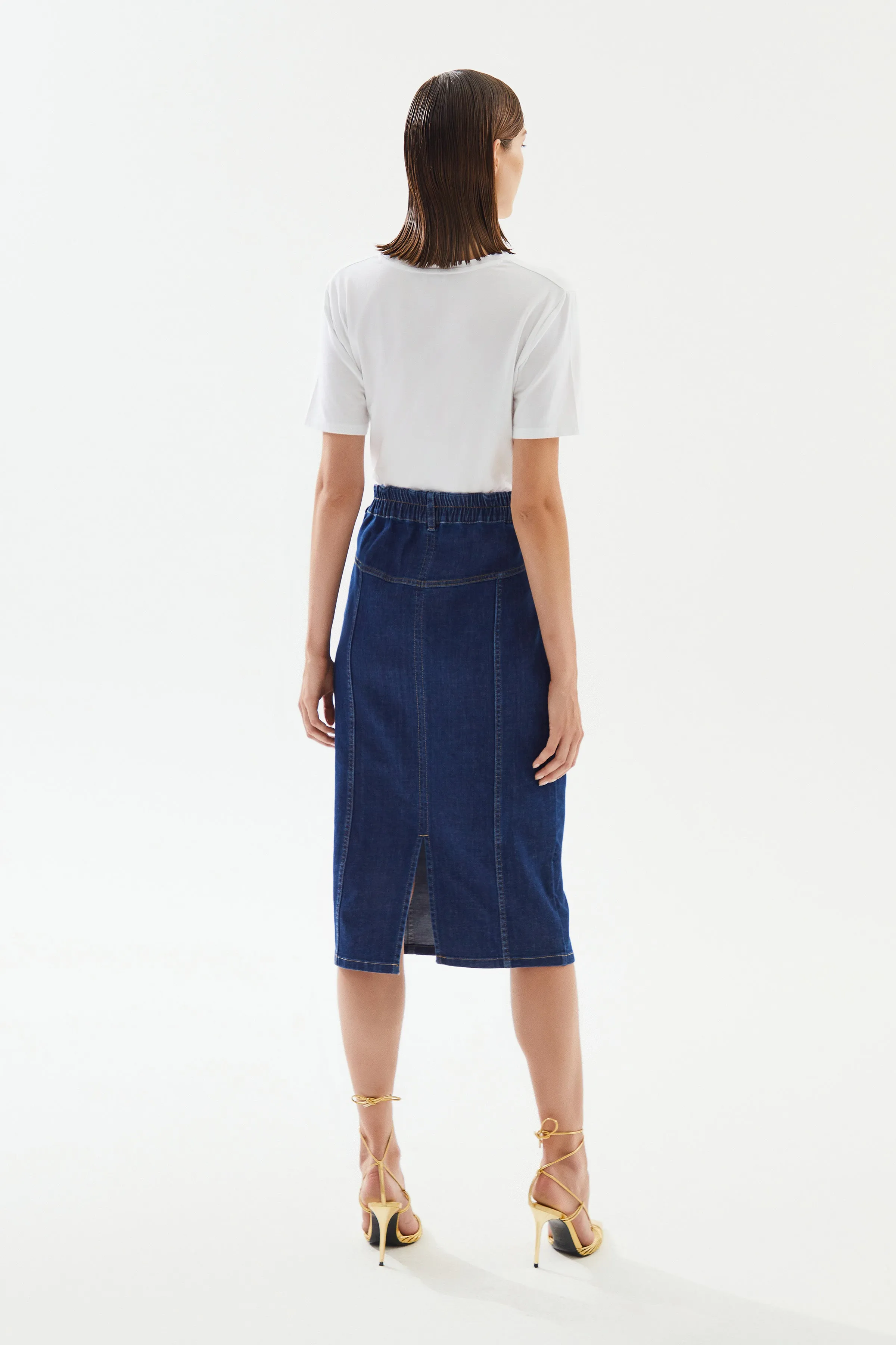 Navy Blue Denim Midi Skirt