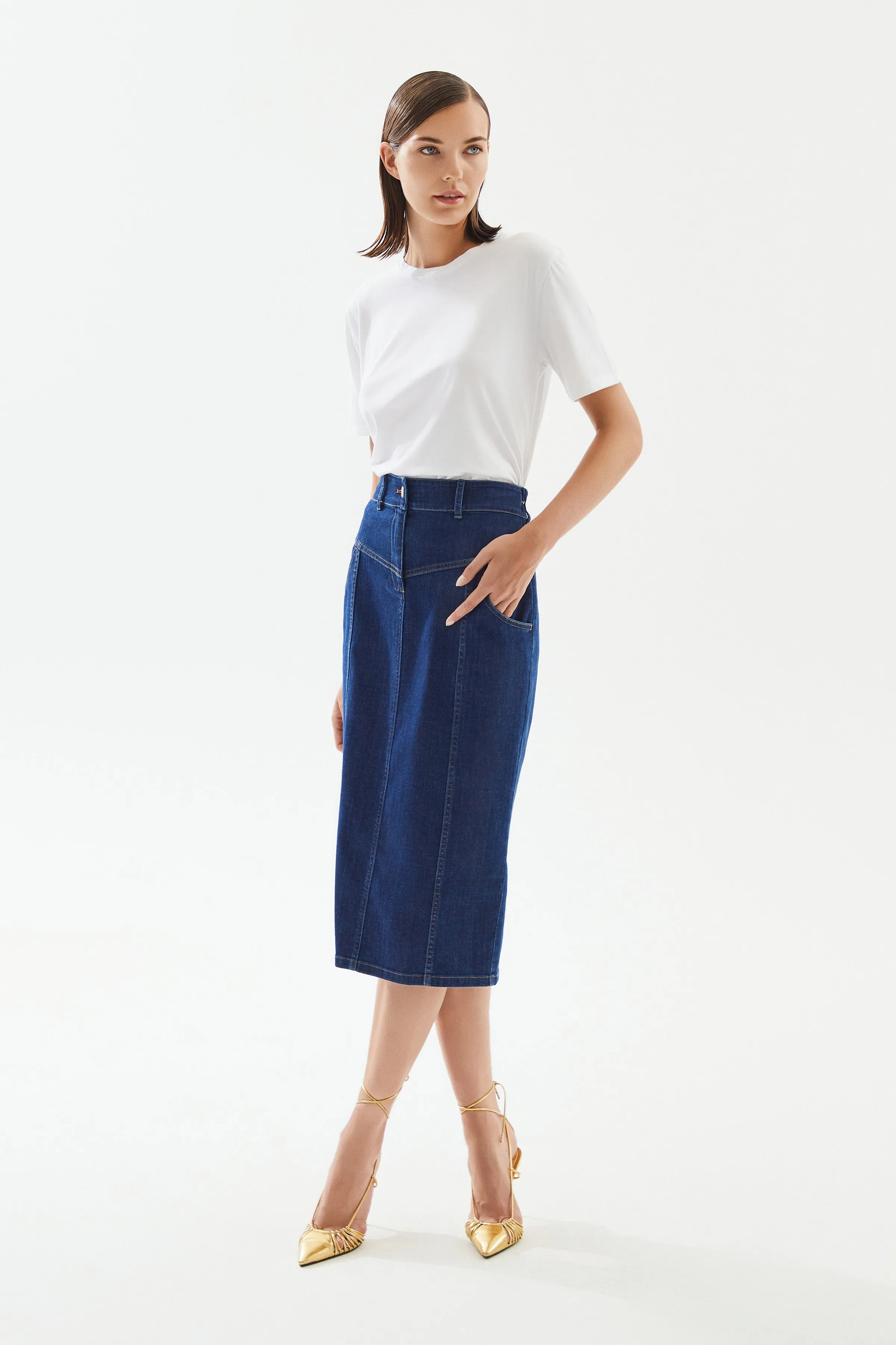 Navy Blue Denim Midi Skirt