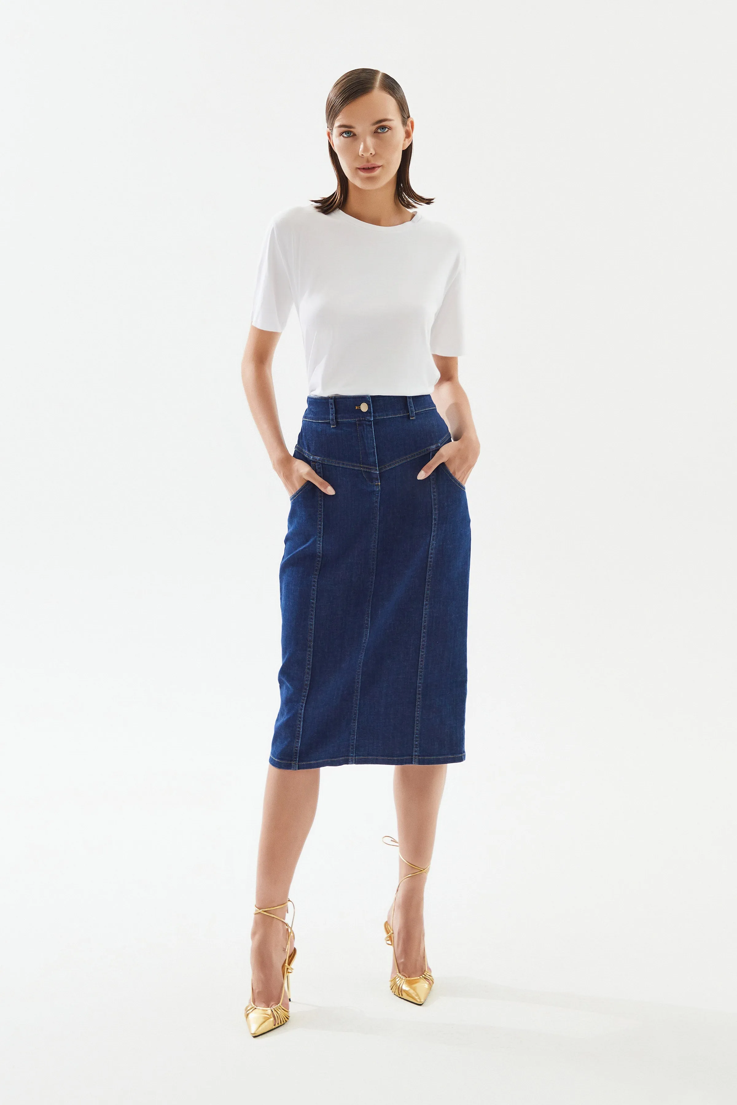 Navy Blue Denim Midi Skirt