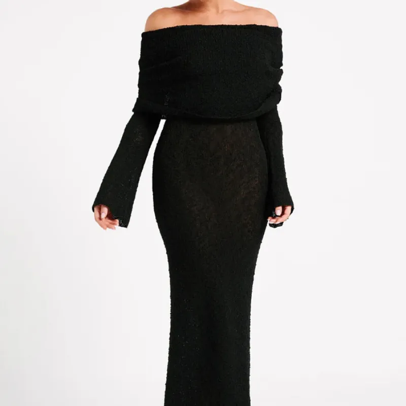 Off Shoulder Open Knit Maxi Dress