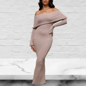 Off Shoulder Open Knit Maxi Dress