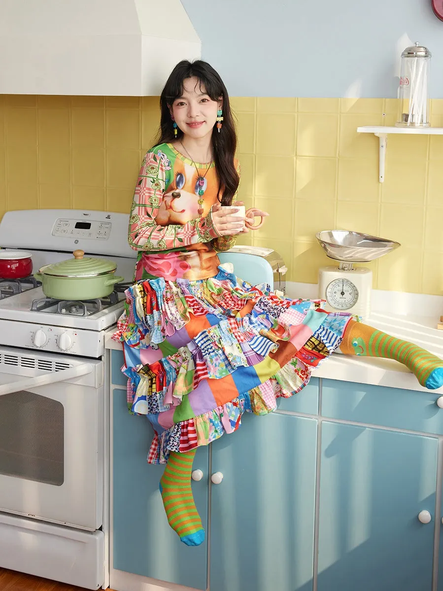 Patchwork Retro Ruffled Skirt